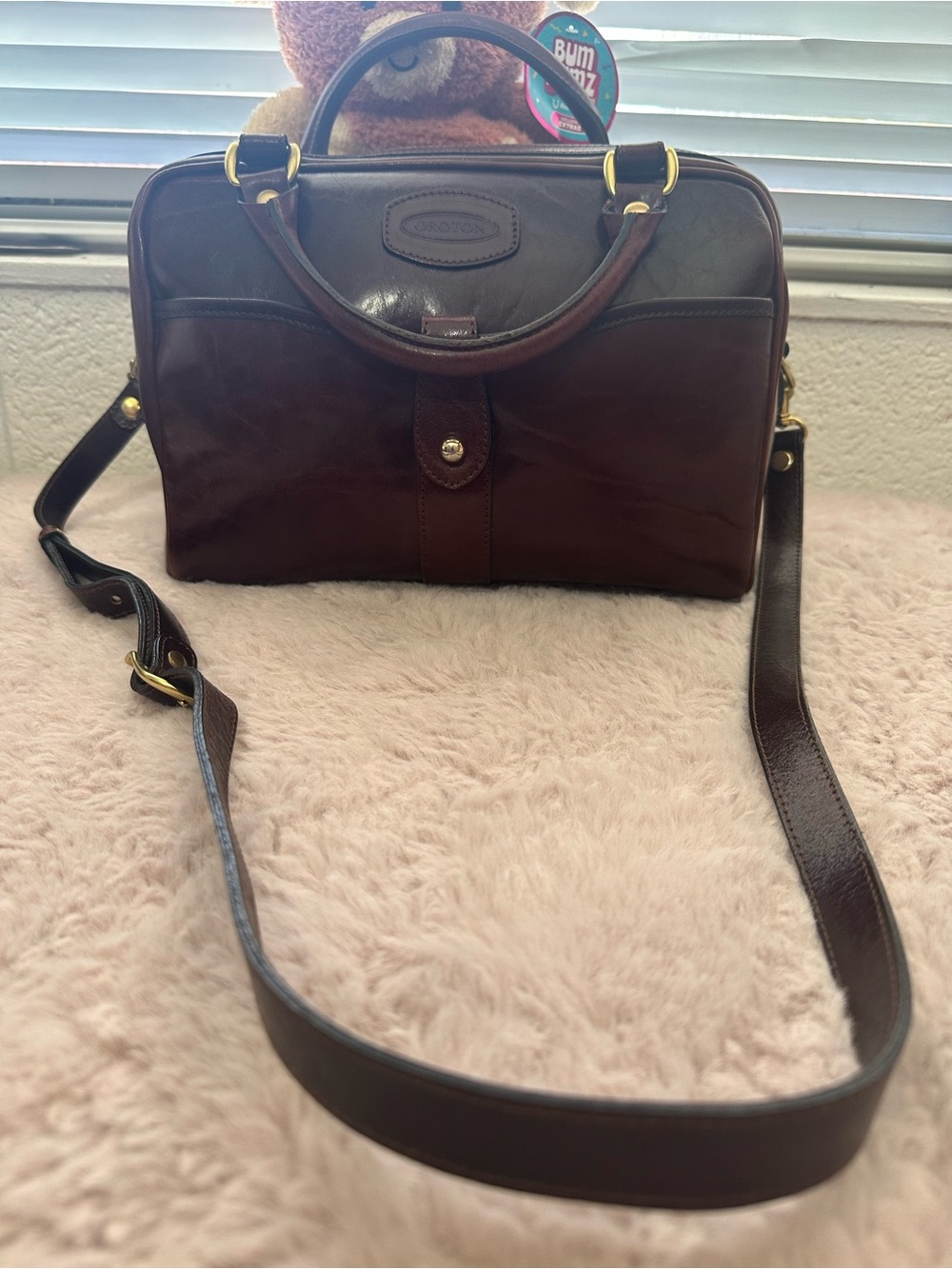Oroton Dark Brown Leather Satchel with Gold Hardware